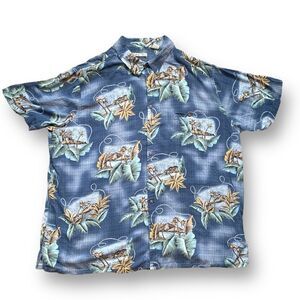 Vintage Rayon Shirt Blue Rayon Hawaiian Printed  Button Down Camp Collar Top